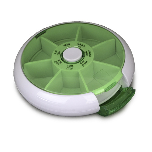 سباكير علبة لتنظيم الادوية دائرية اسبوعية مع فتحة من الجنب ابيض واخضر 033 سباكير علبة لتنظيم الادوية دائرية اسبوعية مع فتحة من الجنب ابيض واخضر 033